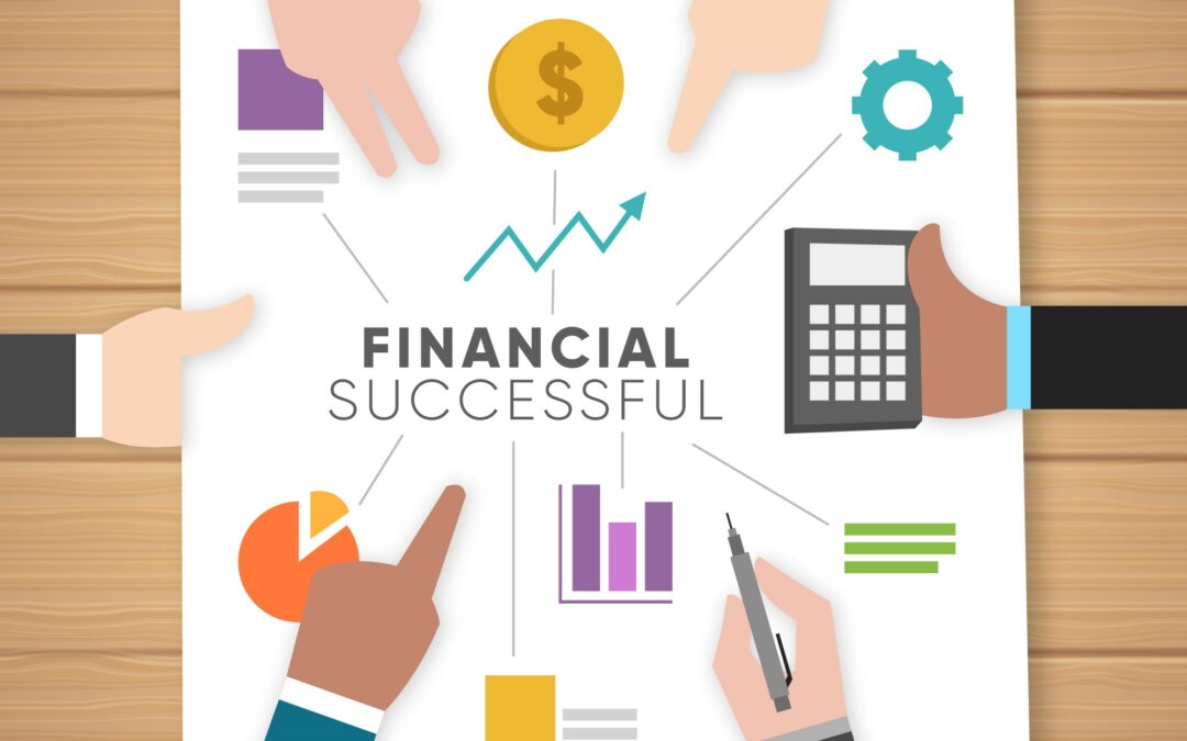 plusieurs mains pointant vers des icônes de succès financier (graphiques, calculatrice, argent) entourant l'inscription "Financial Successful" sur un bureau en bois