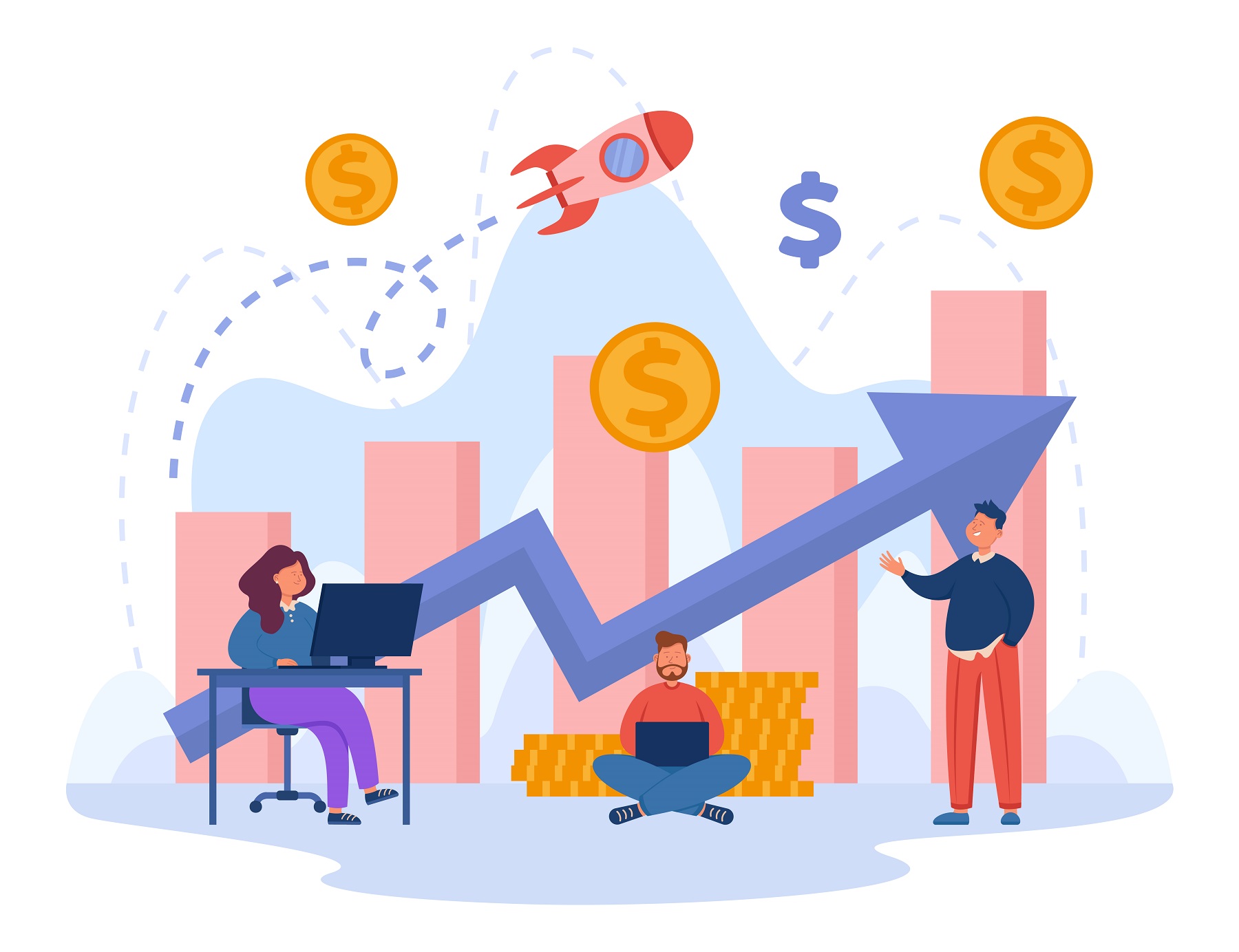 Illustration d'une équipe travaillant sur la croissance d'une startup, avec une flèche montrant une progression positive, des pièces de monnaie et une fusée